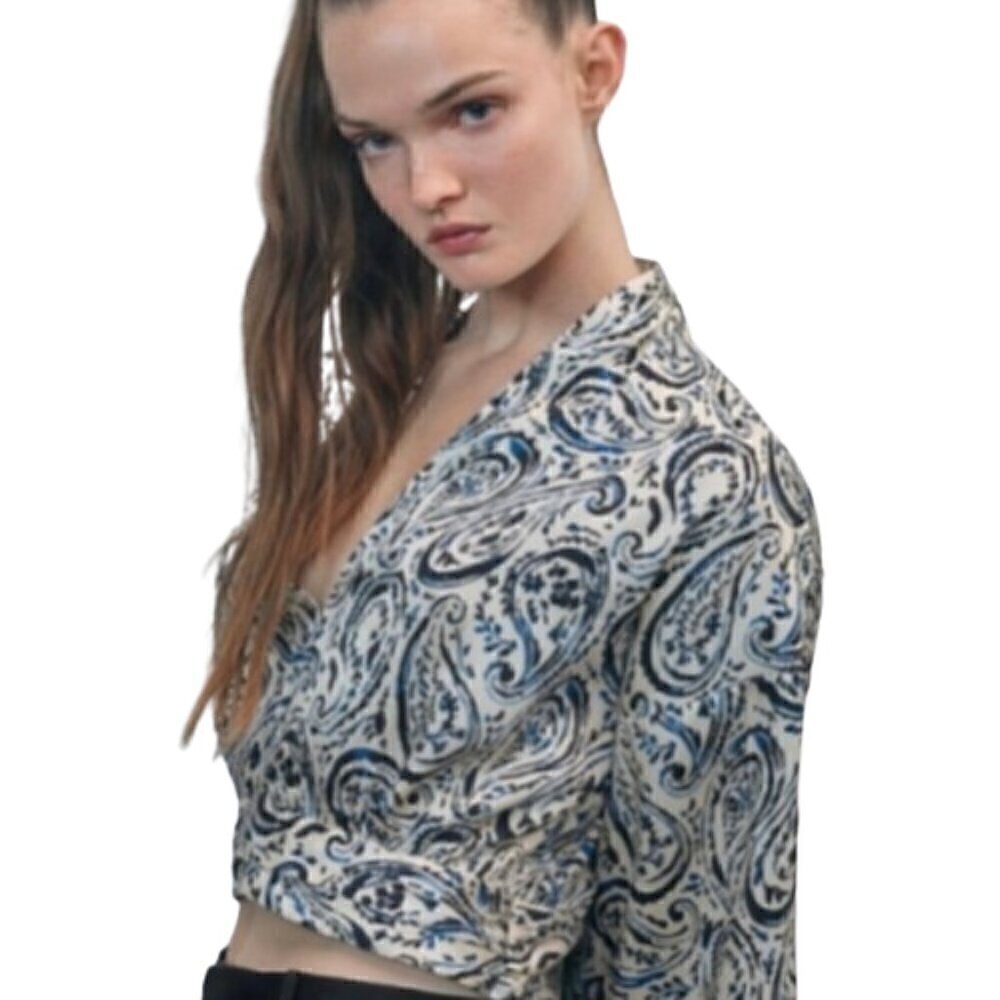 NWT ZARA Ivory blue black satin paisley plunging neckline bell sleeves c…